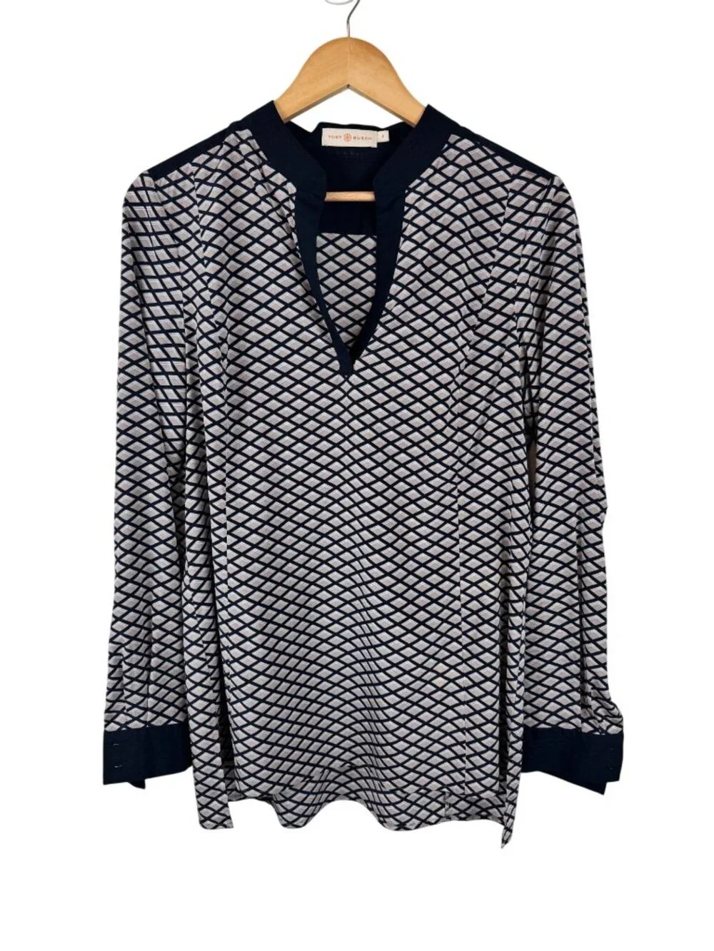 Tory Burch Velda Silk Tunic Top Size 8 Geometric Long Sleeve Career Office